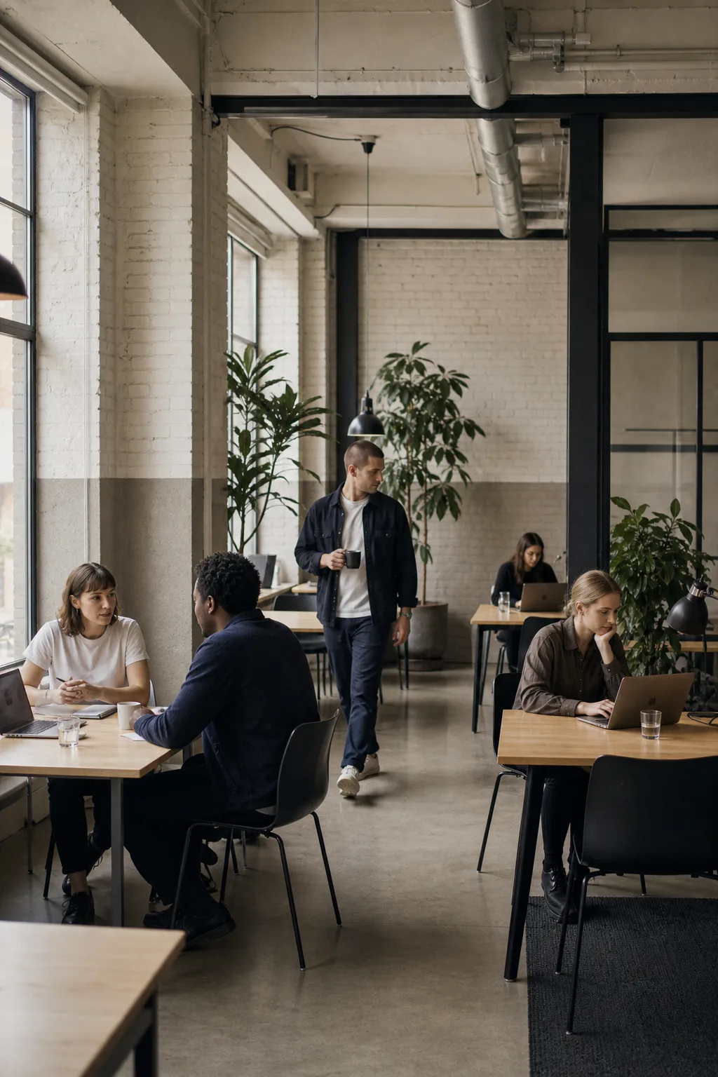 Fem personer arbetar i en coworkingmiljö med tegel, trä och stora fönster